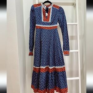 Vintage 70s Gunne Sax Red & Blue Calico Prairie Maxi Dress Size Small